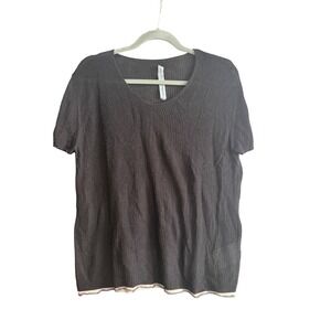 Black Sheer Knit V-Neck Short‎ Sleeve Top